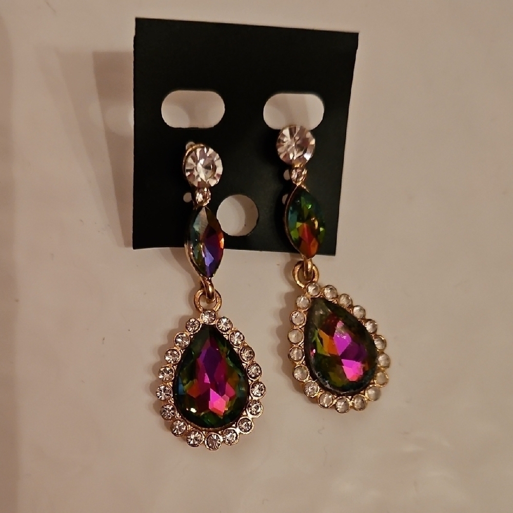 Multicolor Teardrop Earrings Grean, purple pink, Yellow, Gold Backing